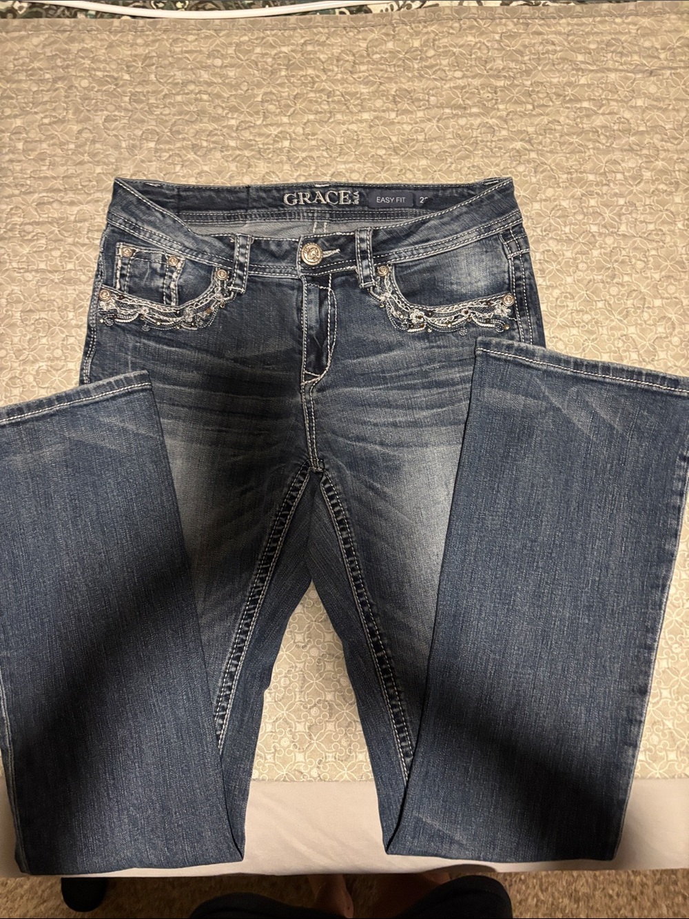 Grace Women's Boot Cut Jeans in Dark Blue with Embroidered Pockets